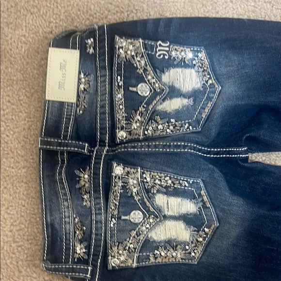 Miss Me Blue Skinny Jeans with Ornate Rhinestones - Picture 2 of 4